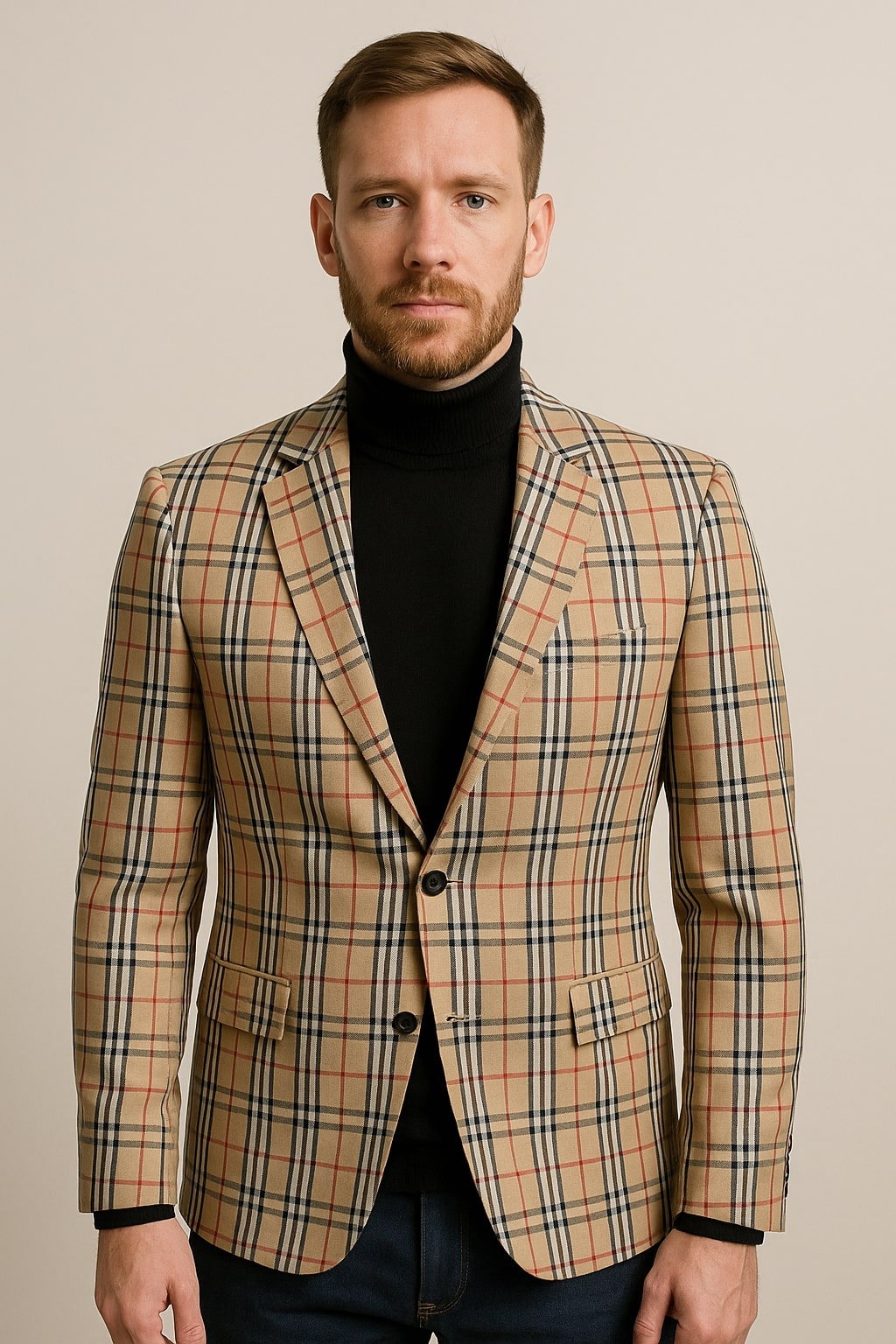 Beige Plaid Checkered Blazer - Camel Windowpane