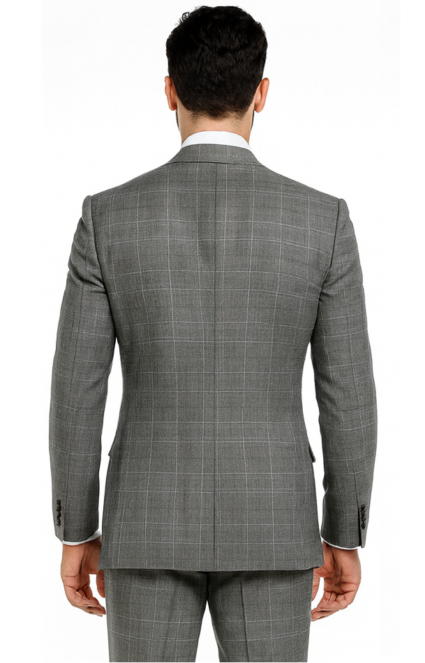 Classic Wool Fabric Fit - Pleated Pants - Peak Lapel With Double Breasted Vest - Athletic Fit Grey Windowpane Mens Suit