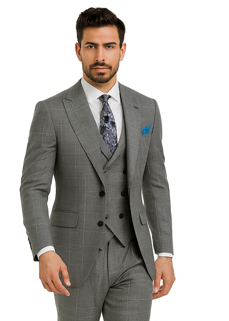 Classic Wool Fabric Fit - Pleated Pants - Peak Lapel With Double Breasted Vest - Athletic Fit Grey Windowpane Mens Suit