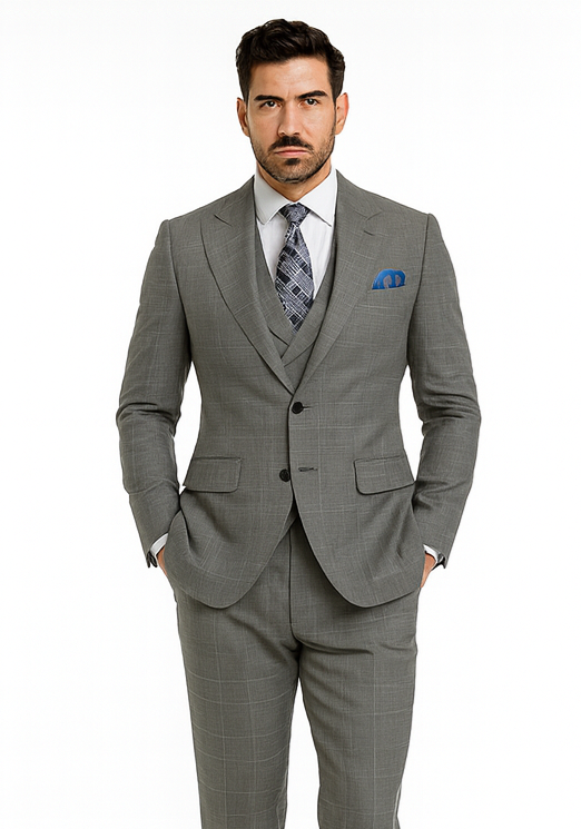 Classic Wool Fabric Fit - Pleated Pants - Peak Lapel With Double Breasted Vest - Athletic Fit Grey Windowpane Mens Suit