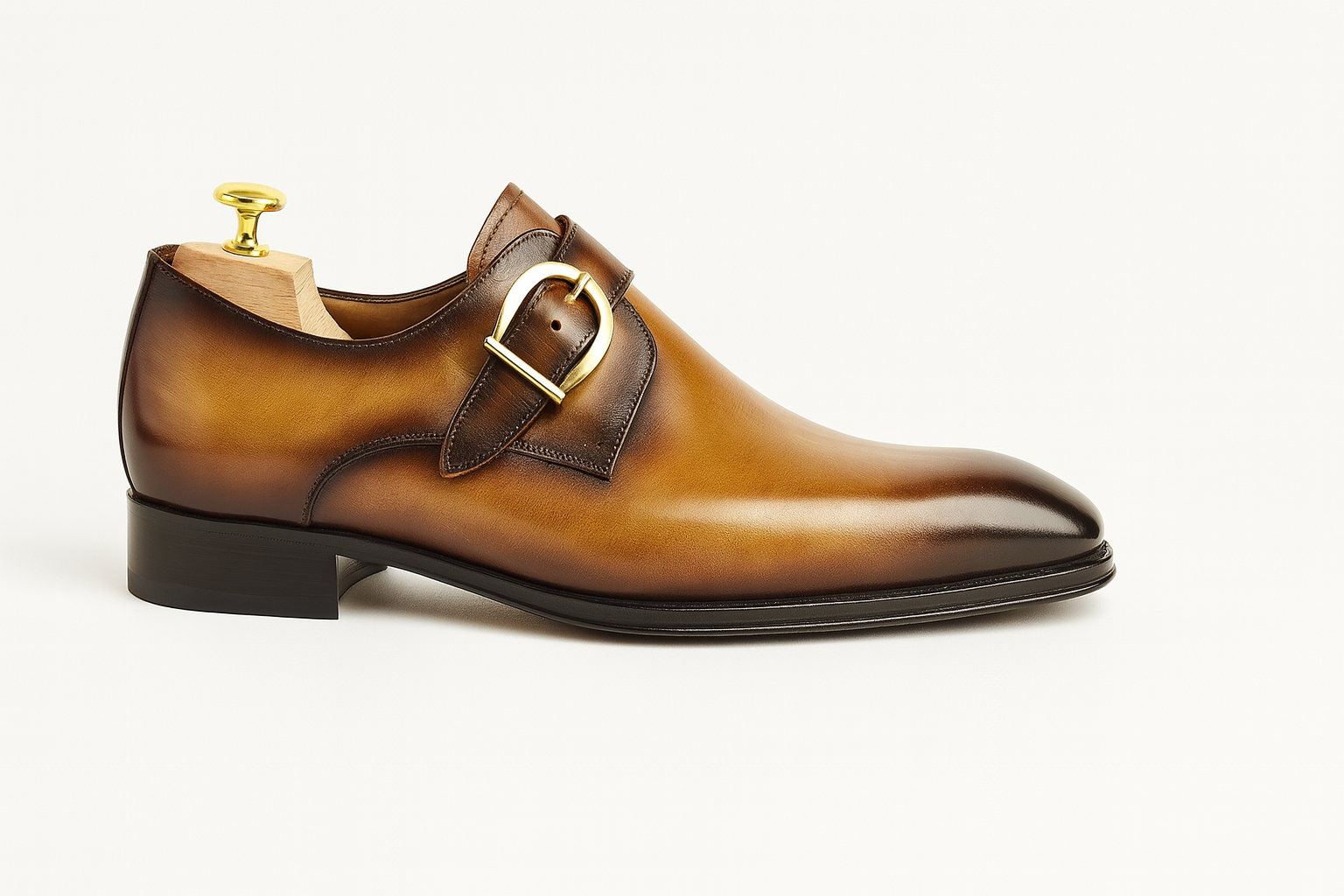 Mens Carrucci Classic Leather Fade Single D-Buckle Monk Strap Dress Shoe in Chestnut