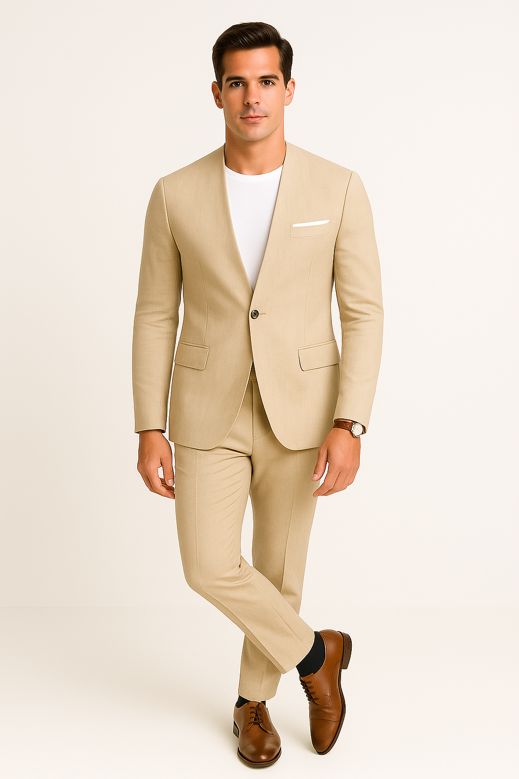 Tan Linen Collarless Suit for Summer