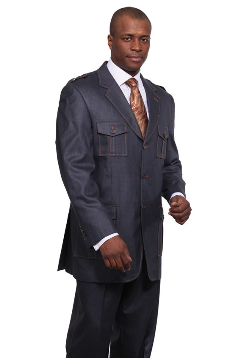 Mens 3 Button Patch Pocket Denim Suit in Navy