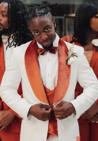 Men’s Cream Slim Fit Wedding Suit with Orange Contrast Lapels
