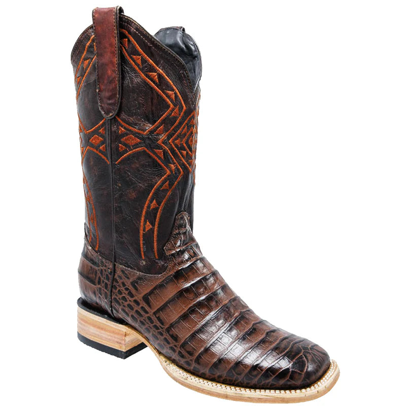 Mens White Diamond Boot Brown Crocodile Print Boots Square Toe