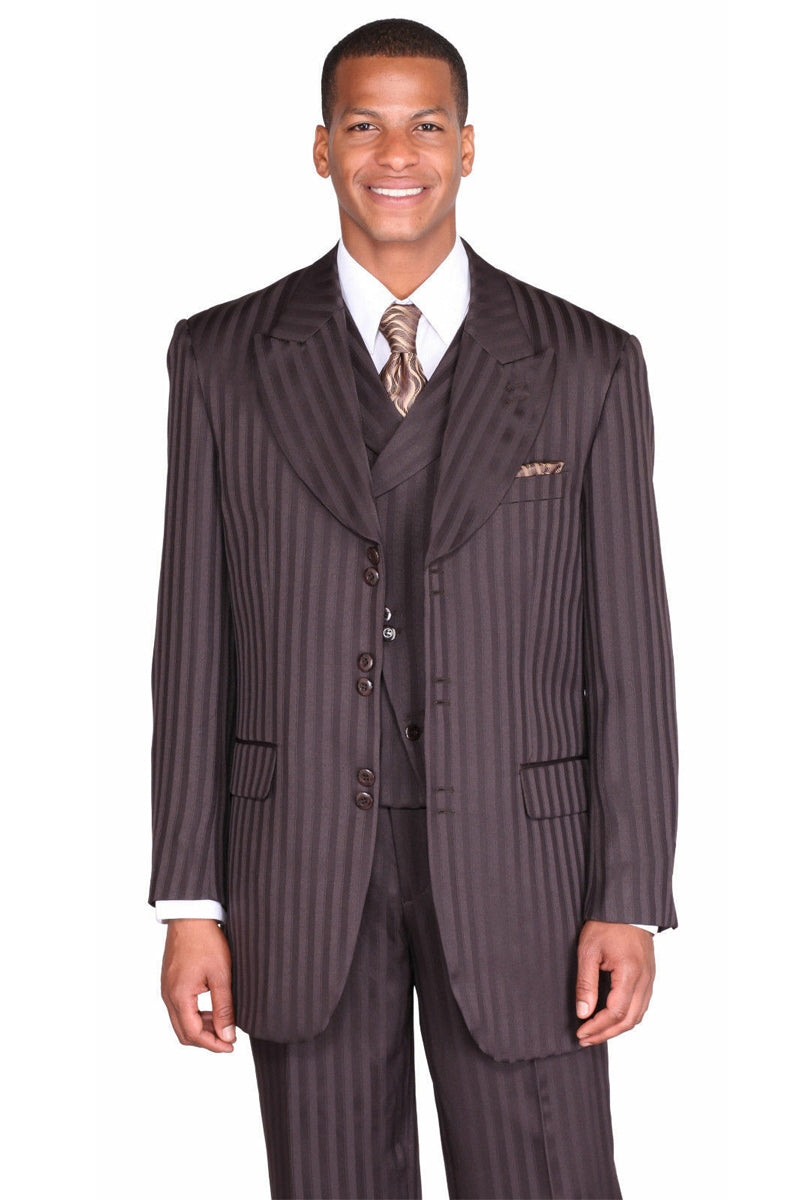 Mens Wide Peak Lapel Stripe Fashion Suit Brown