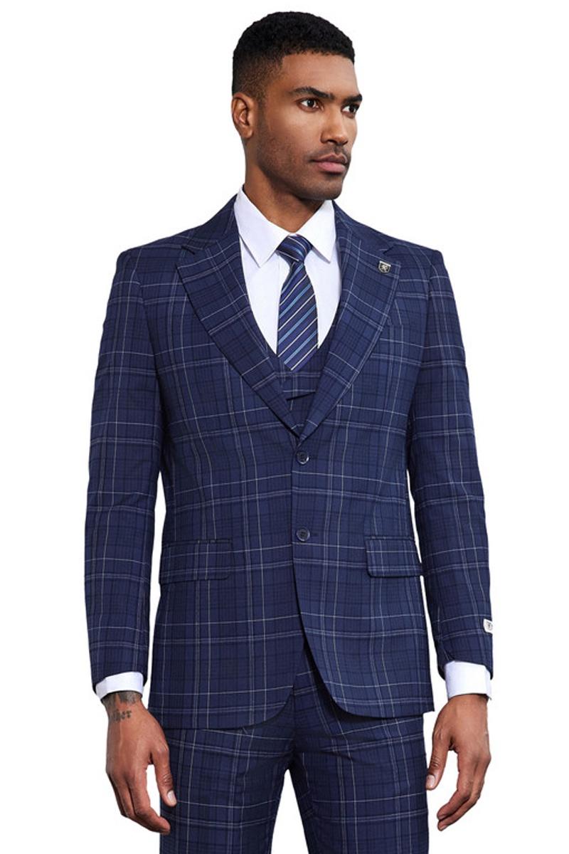 Stacy Adams Double Windowpane Plaid Suit (Navy)