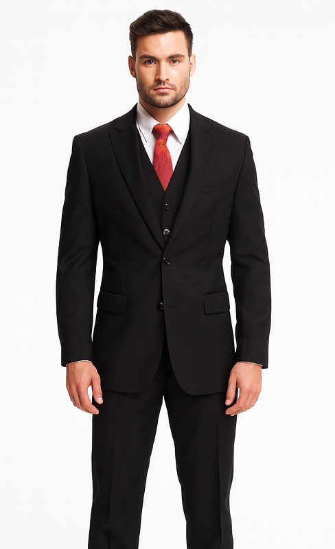 Discounted Men's Black 2 Buttons 3 Pieces Vested Suit Pleated Pants Regular Fit Online Sale