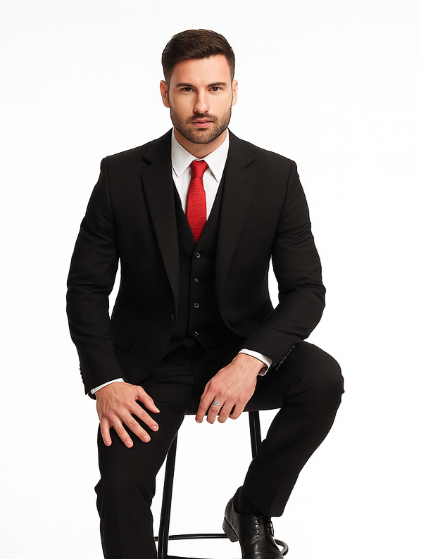 Discounted Men's Black 2 Buttons 3 Pieces Vested Suit Pleated Pants Regular Fit Online Sale