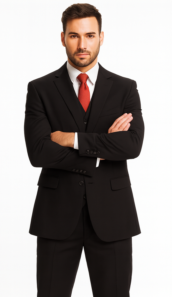 Discounted Men's Black 2 Buttons 3 Pieces Vested Suit Pleated Pants Regular Fit Online Sale