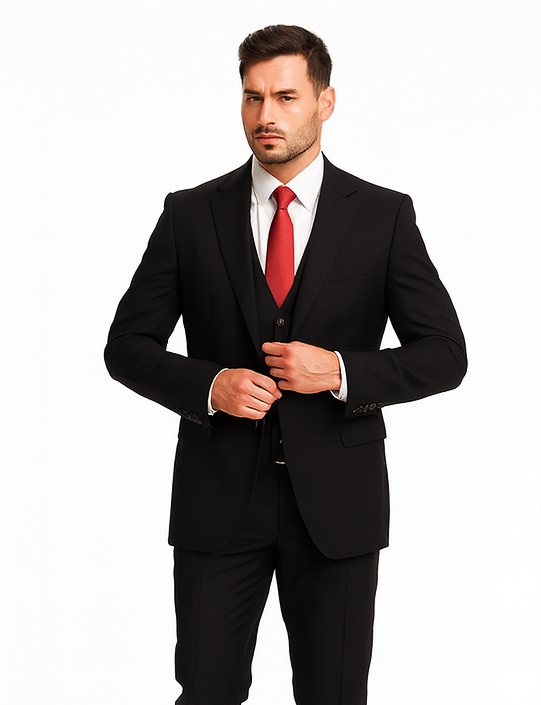 Discounted Men's Black 2 Buttons 3 Pieces Vested Suit Pleated Pants Regular Fit Online Sale