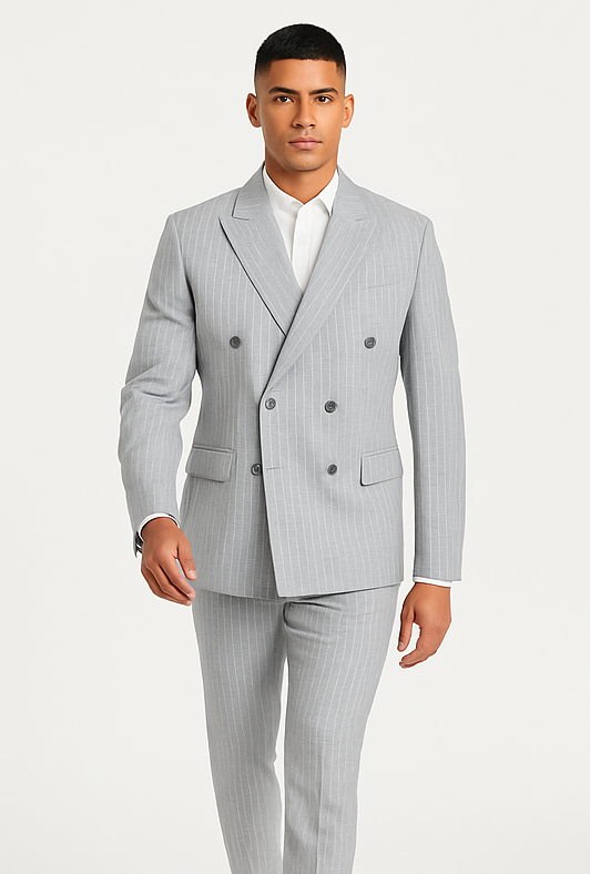 Double Breasted Suit - Stripe - Pinstripe Suit - Light Blue Grey Stripe