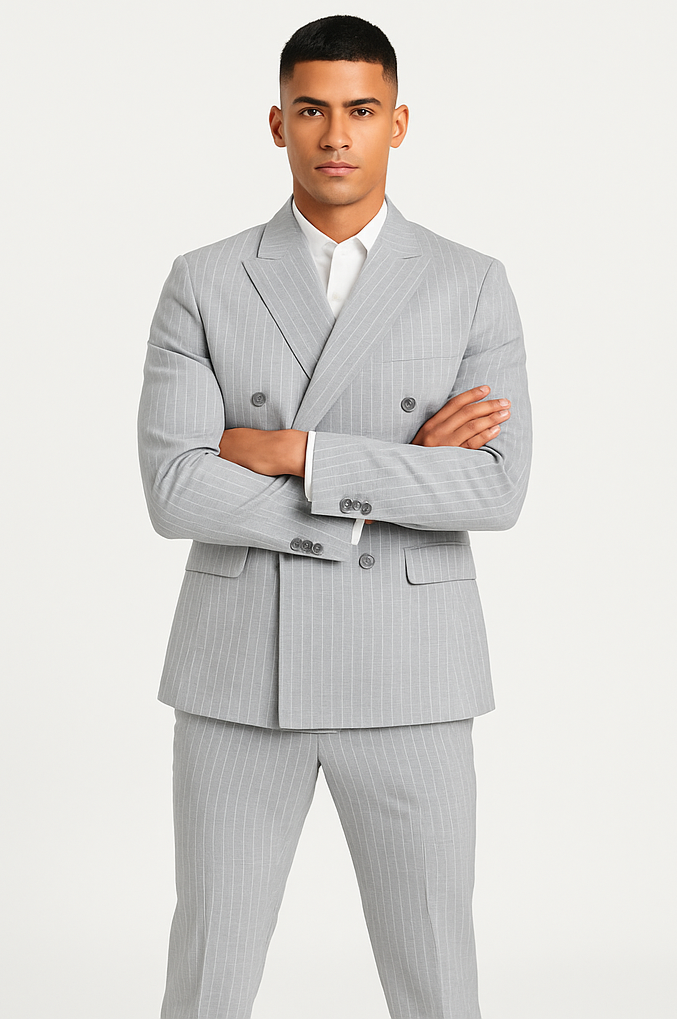 Double Breasted Suit - Stripe - Pinstripe Suit - Light Blue Grey Stripe