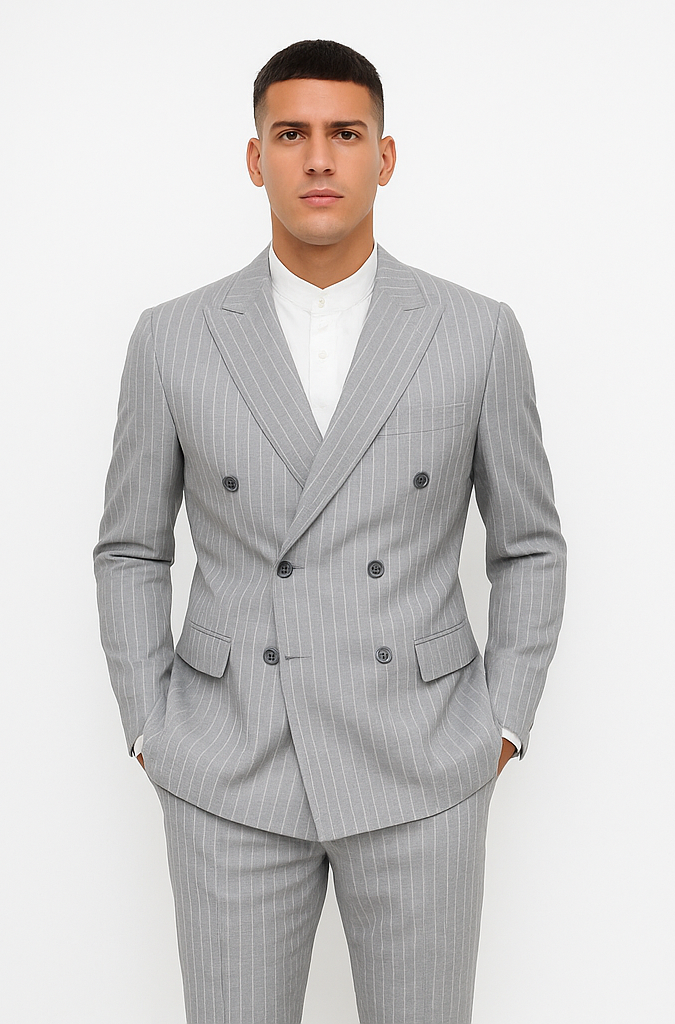Double Breasted Suit - Stripe - Pinstripe Suit - Light Blue Grey Stripe
