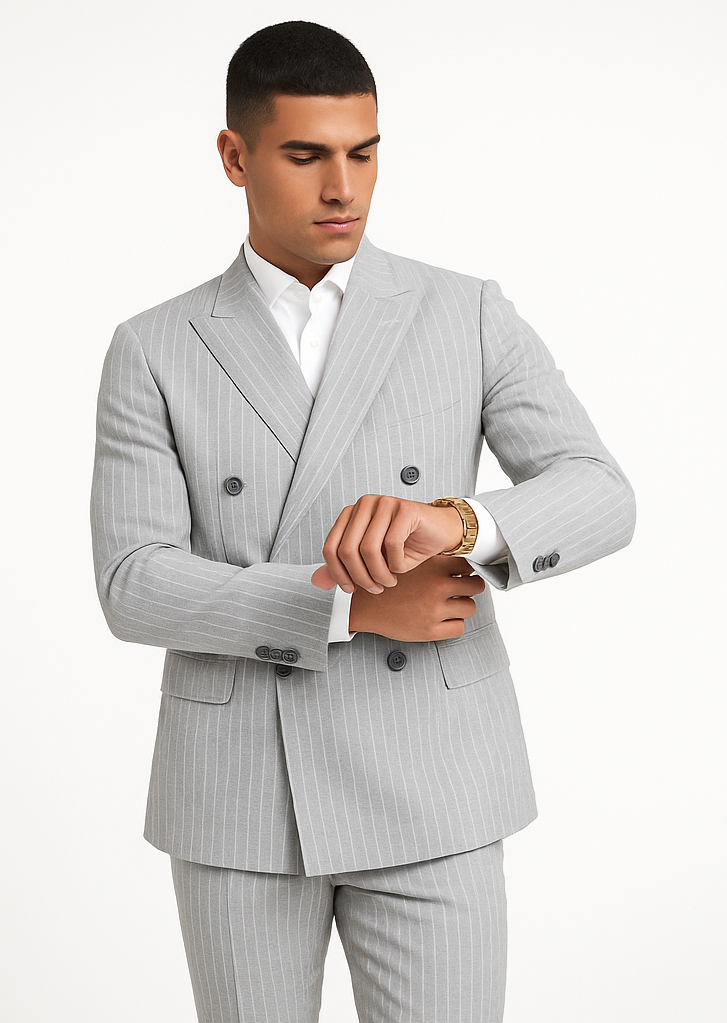 Double Breasted Suit - Stripe - Pinstripe Suit - Light Blue Grey Stripe