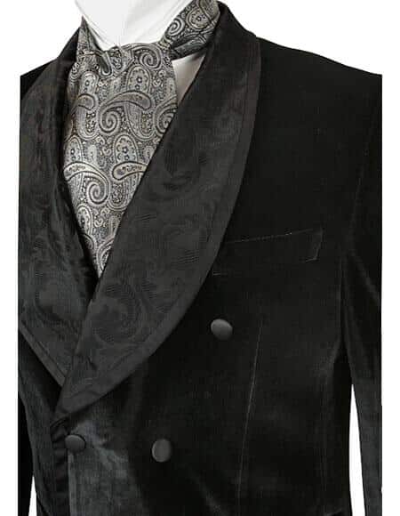 Double Breasted Tone-On-Tone Design Black Velvet Smoking Jacket