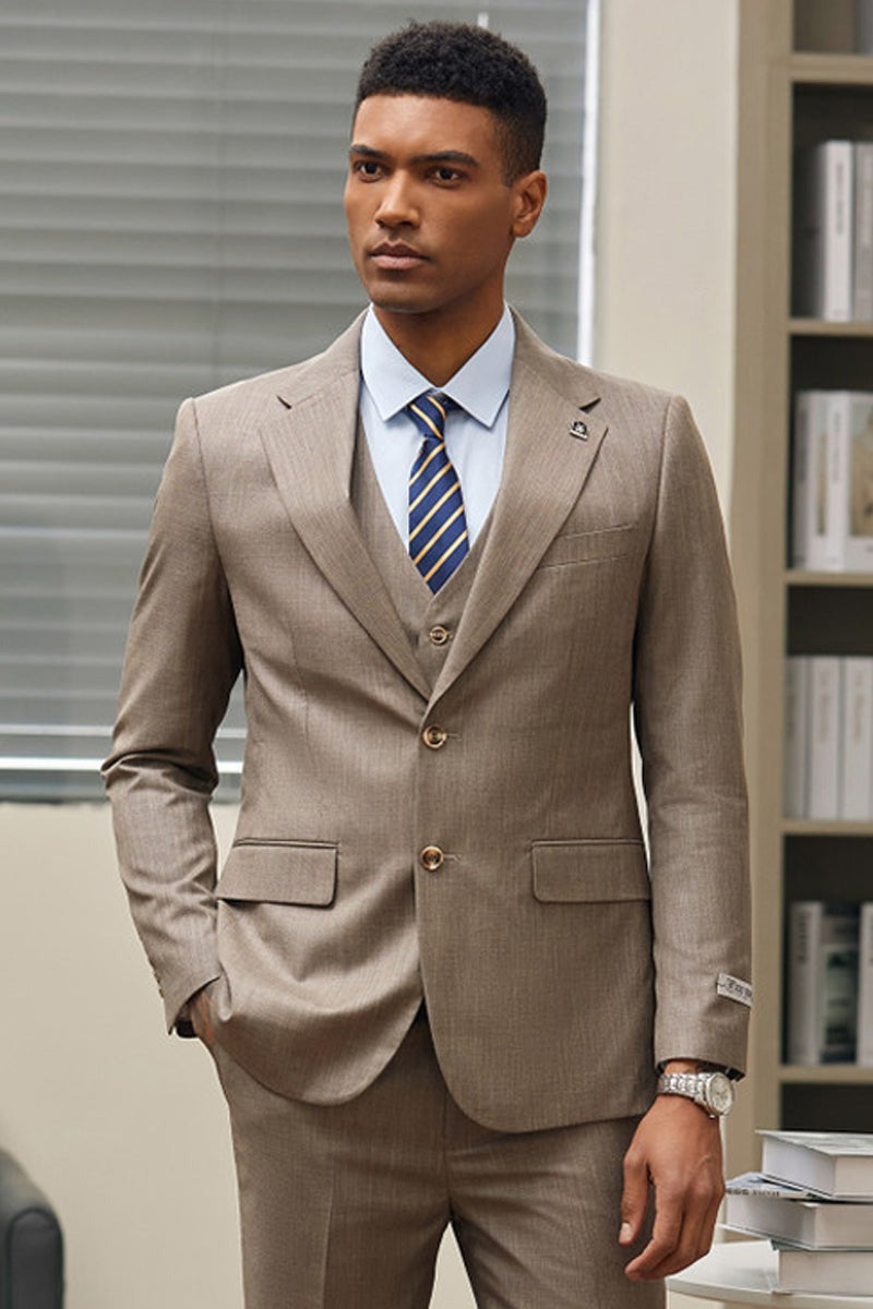 Stacy Adams Two Button Sharkskin Vested Suit Dark Tan