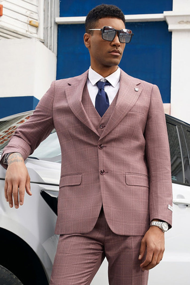 Stacy Adams Mauve Plaid Two Button Vested Suit