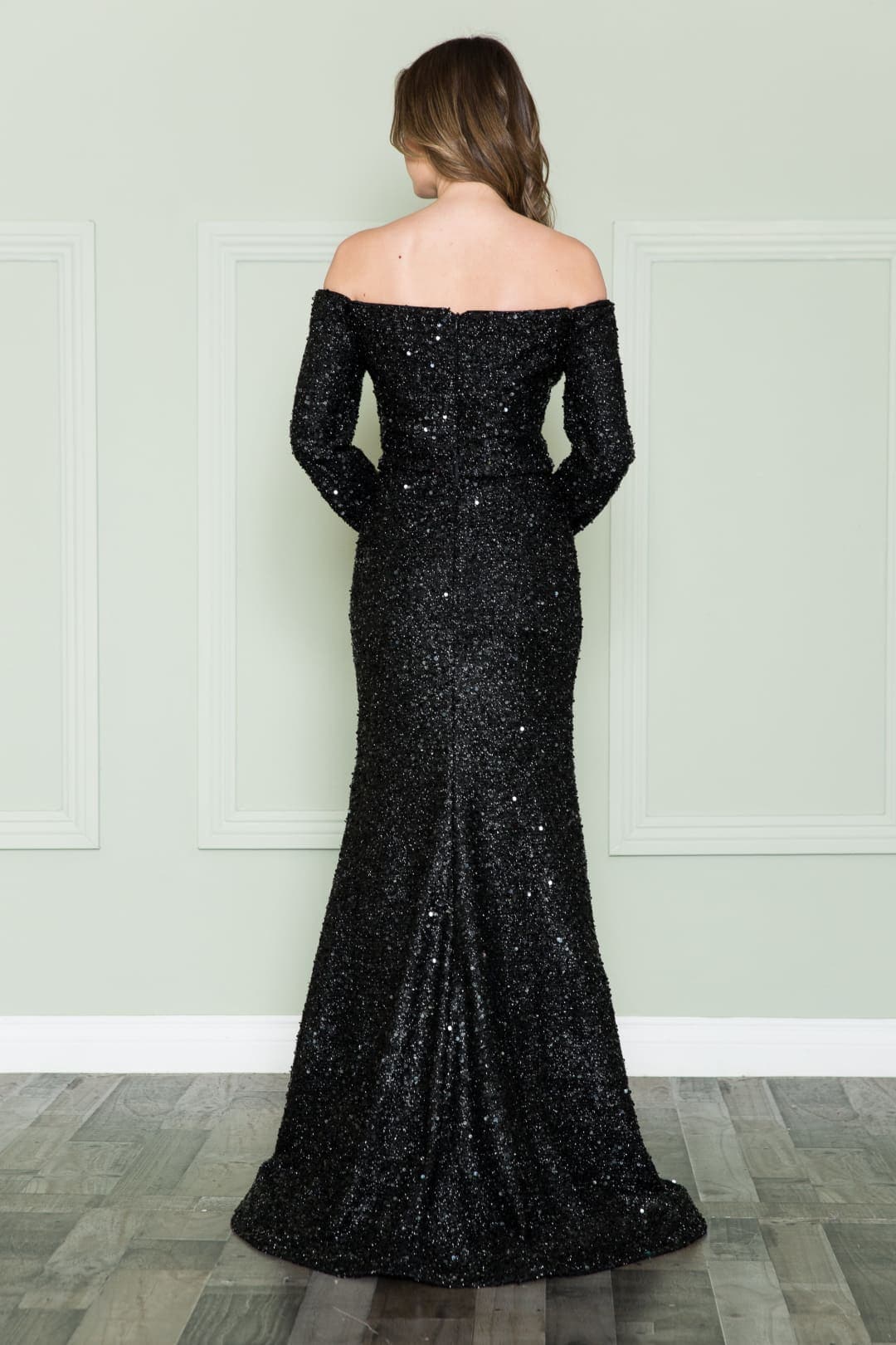 POLY USA 8876 Long Sleeve Sequin Off Shoulder Dress For Holiday Party