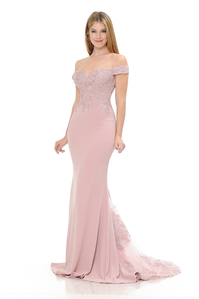 Off-Shoulder Lace Embroidered Mermaid Gown with Sheer Train By Lenovia 8134