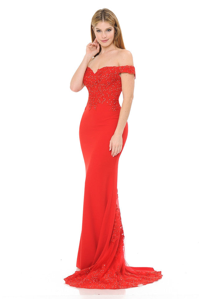 Off-Shoulder Lace Embroidered Mermaid Gown with Sheer Train By Lenovia 8134