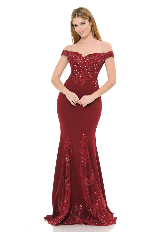 Off-Shoulder Beaded Embroidered Mermaid Formal Gown with Mesh Godet Skirt By Lenovia 8137
