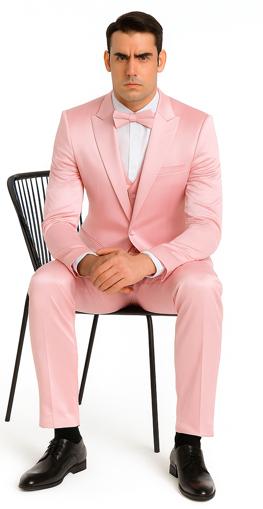 Tazzio Men's Dusty Rose Satin Double Breasted 3 Piece Slim Fit Suit with Peak Lapel