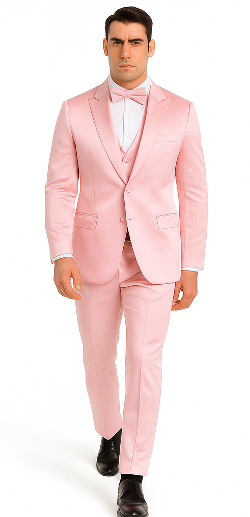Tazzio Men's Dusty Rose Satin Double Breasted 3 Piece Slim Fit Suit with Peak Lapel