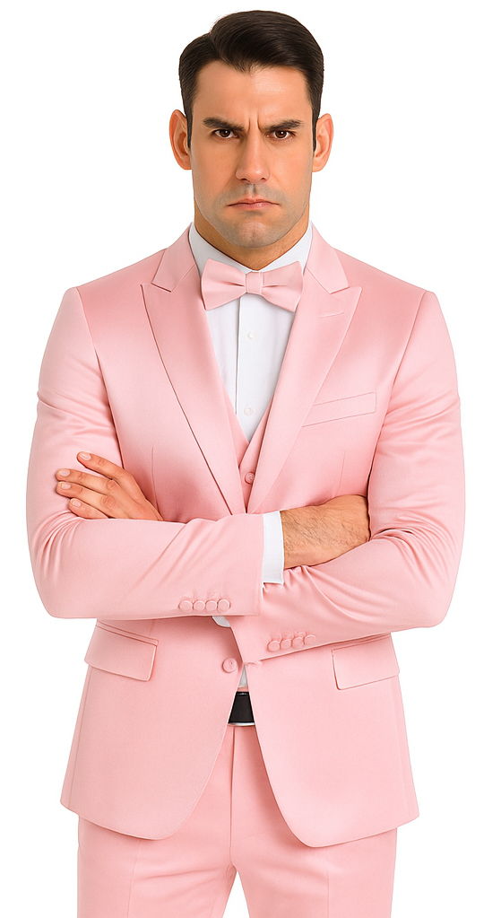 Tazzio Men's Dusty Rose Satin Double Breasted 3 Piece Slim Fit Suit with Peak Lapel
