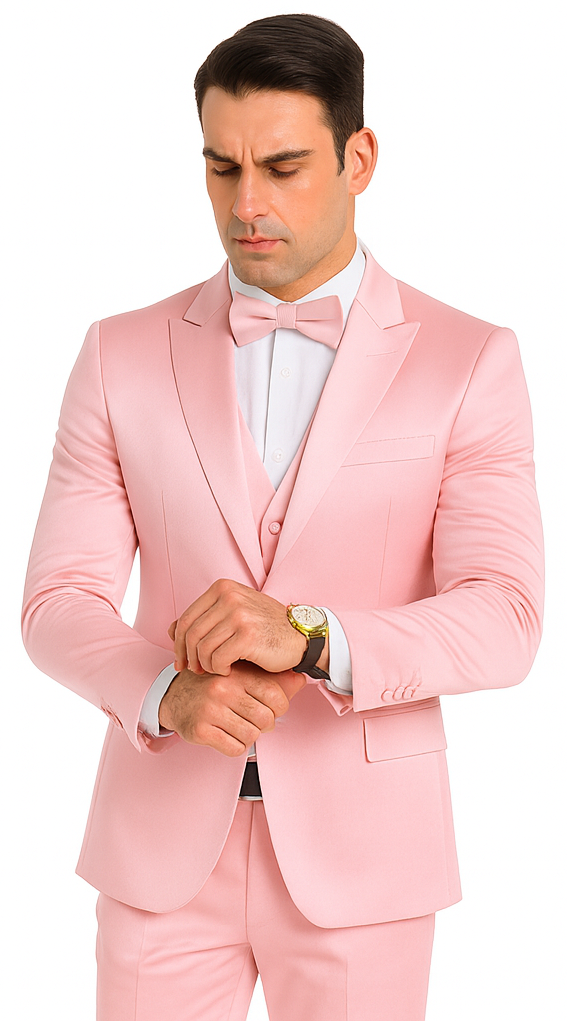 Tazzio Men's Dusty Rose Satin Double Breasted 3 Piece Slim Fit Suit with Peak Lapel