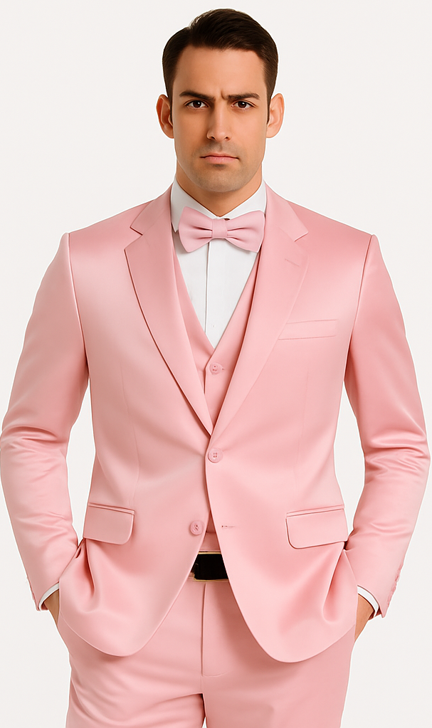 Tazzio Men's Dusty Rose Satin Double Breasted 3 Piece Slim Fit Suit with Peak Lapel
