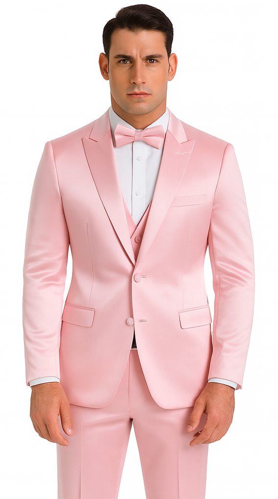 Tazzio Men's Dusty Rose Satin Double Breasted 3 Piece Slim Fit Suit with Peak Lapel