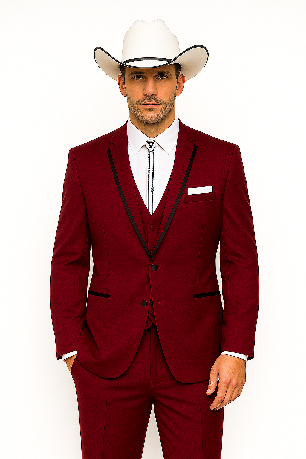 SKU#JA60892 Country Tuxedos For Weddings Mens Western Traje Vaquero Suit - Burgundy Tuxedo