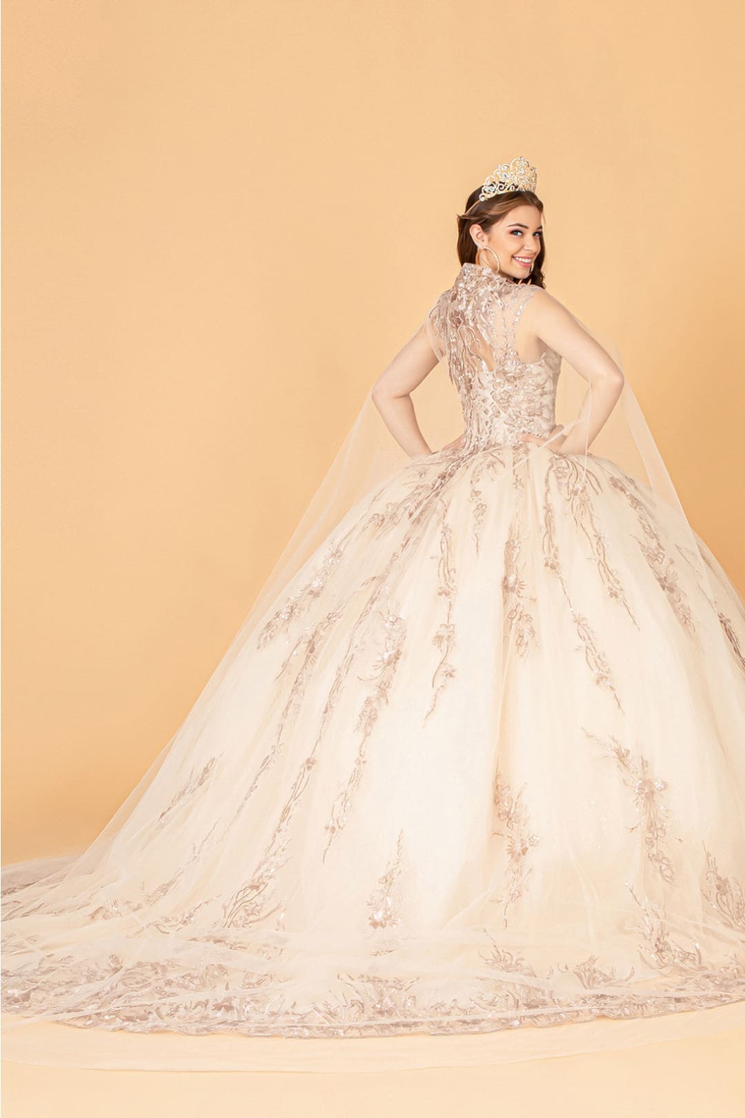 Embroidered Cape Ball Gown by Elizabeth K GL3076