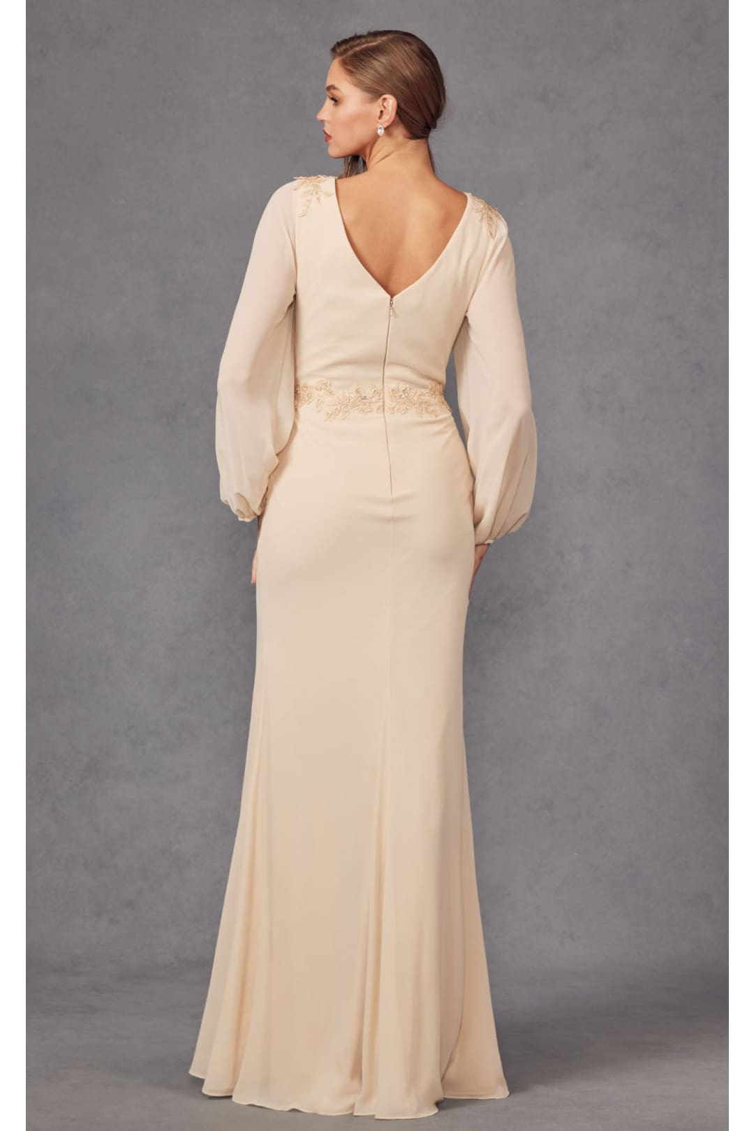 Embroidered Long Sleeve A-line Slit Gown by Juliet JTM16A