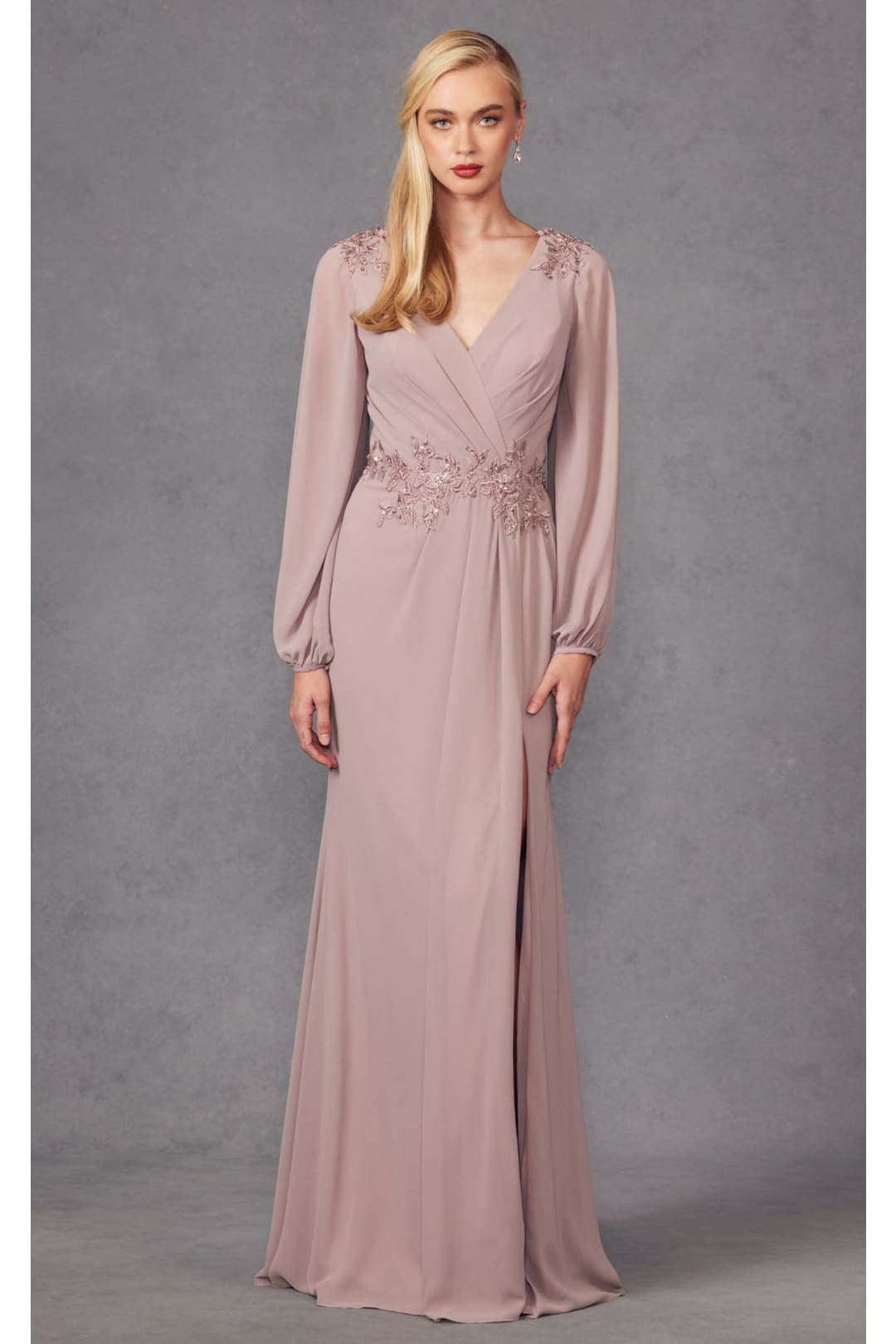 Embroidered Long Sleeve A-line Slit Gown by Juliet JTM16A