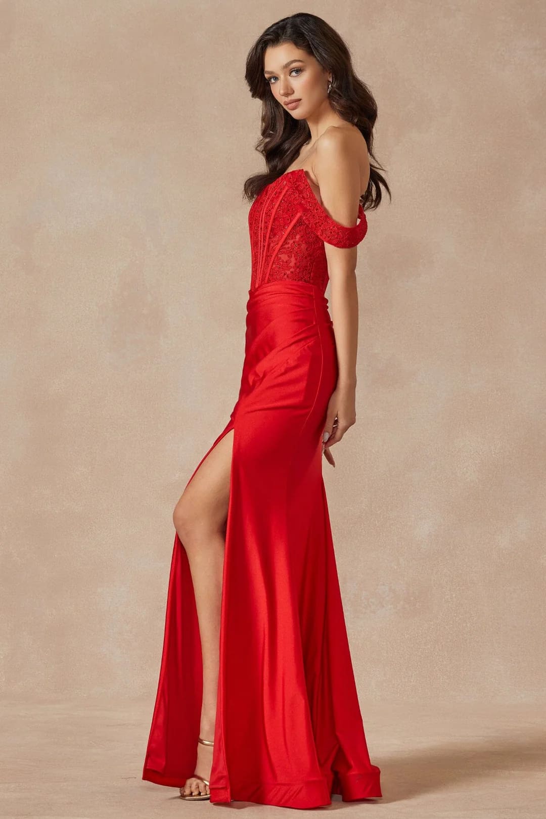 Embroidered Off-Shoulder Corset Gown by Juliet 2407