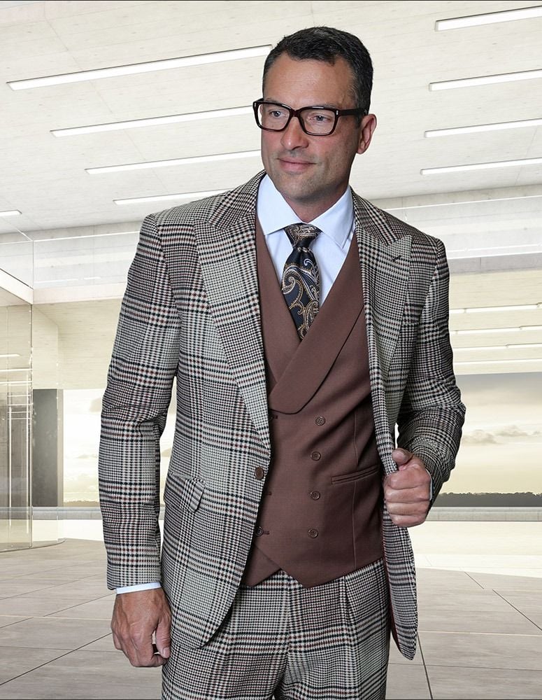 Statement Men’s 3-Piece Plaid Wool Suit – 100% Wool Modern Fit with Peak Lapel