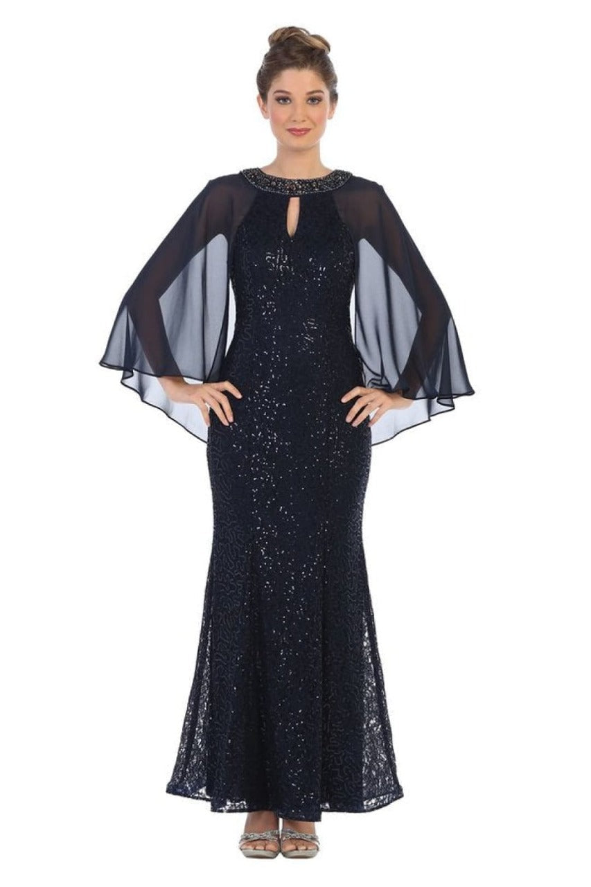 Eva USA 3276 Mother of the Bride Keyhole Neck Sequin Cape Dress