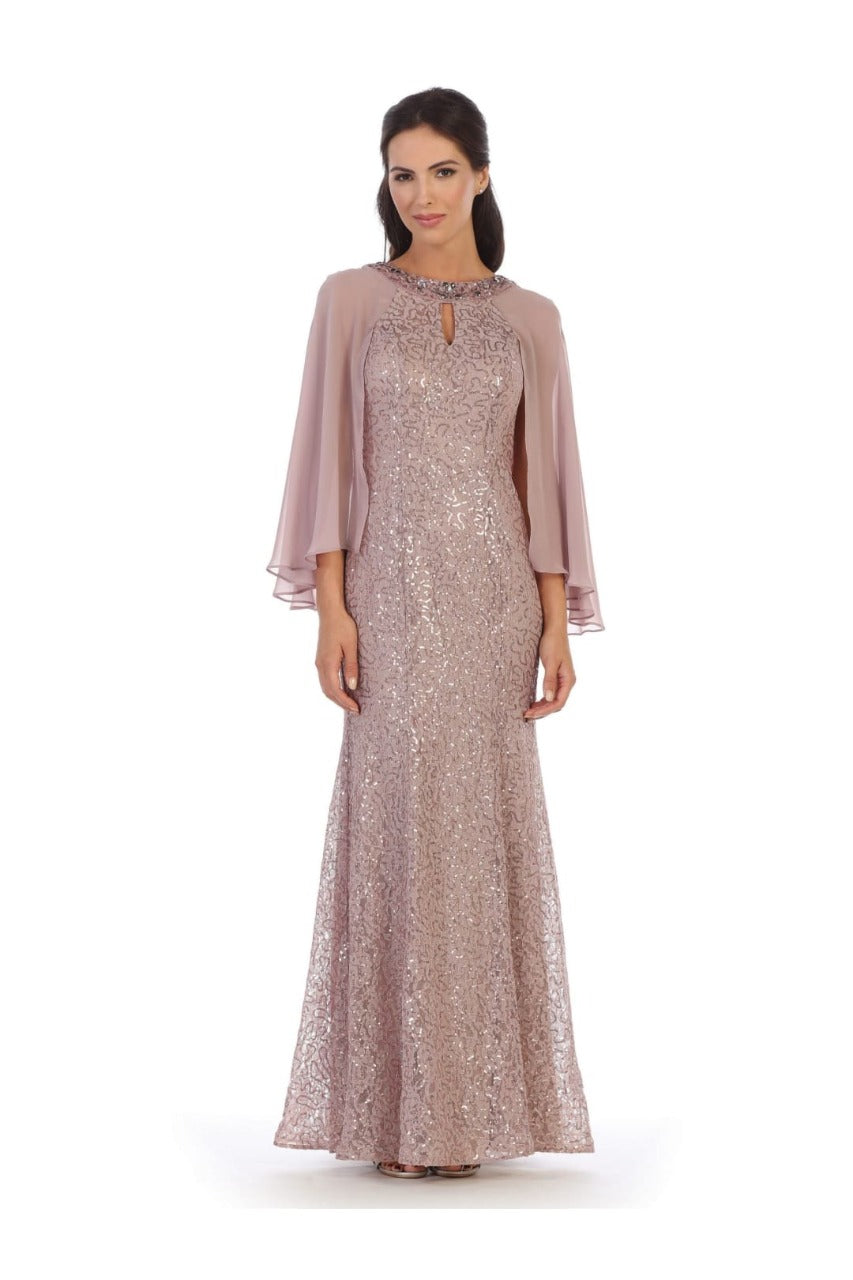 Eva USA 3276 Mother of the Bride Keyhole Neck Sequin Cape Dress