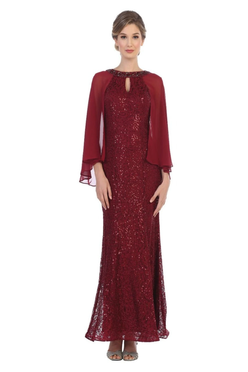 Eva USA 3276 Mother of the Bride Keyhole Neck Sequin Cape Dress