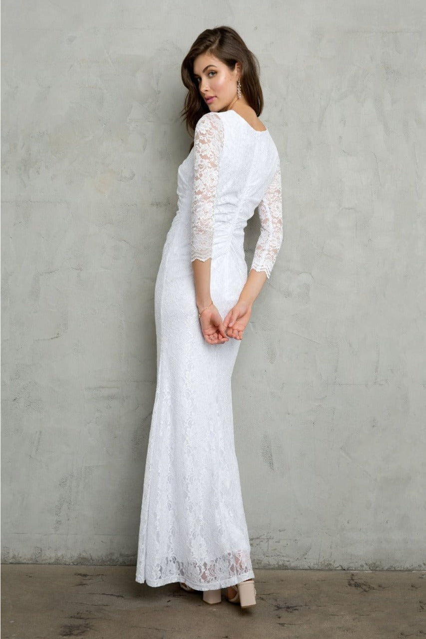 Eva USA 3397 Ruched 3/4 Sleeve White Wedding Dress