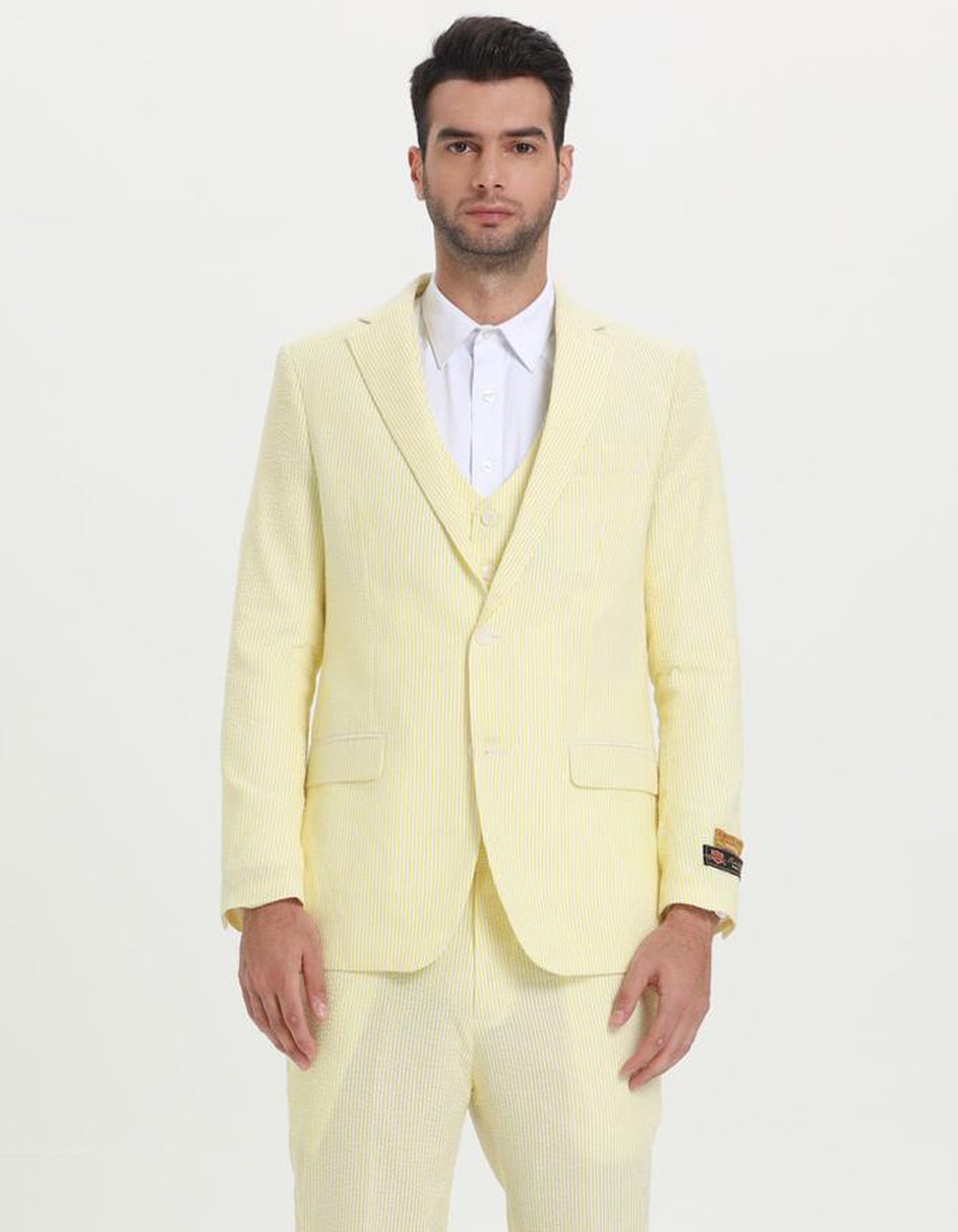 Vested Yellow Pinstripe Seersucker Suit for Men