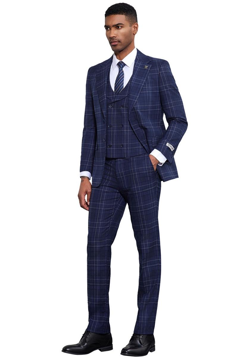Stacy Adams Double Windowpane Plaid Suit (Navy)