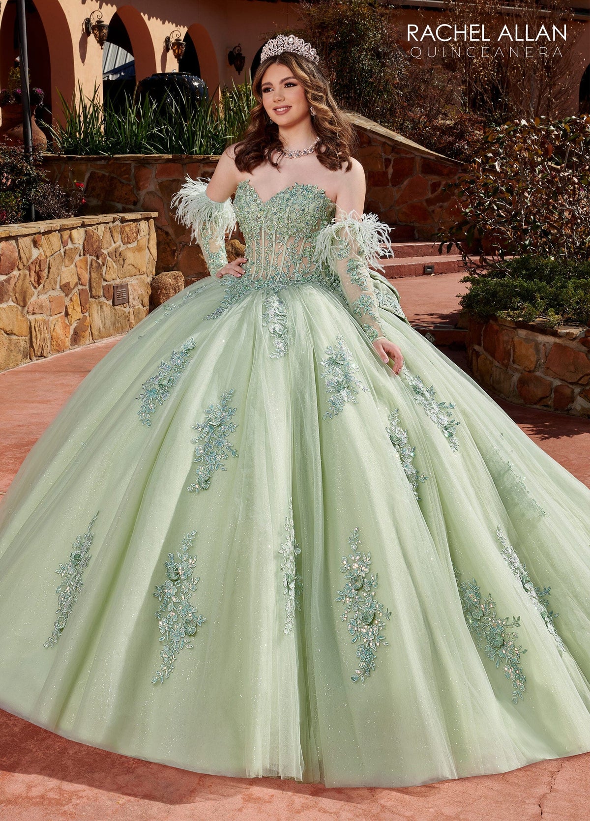 Rachel Allan RQ2171 Feather Long Sleeve Quinceanera Dress