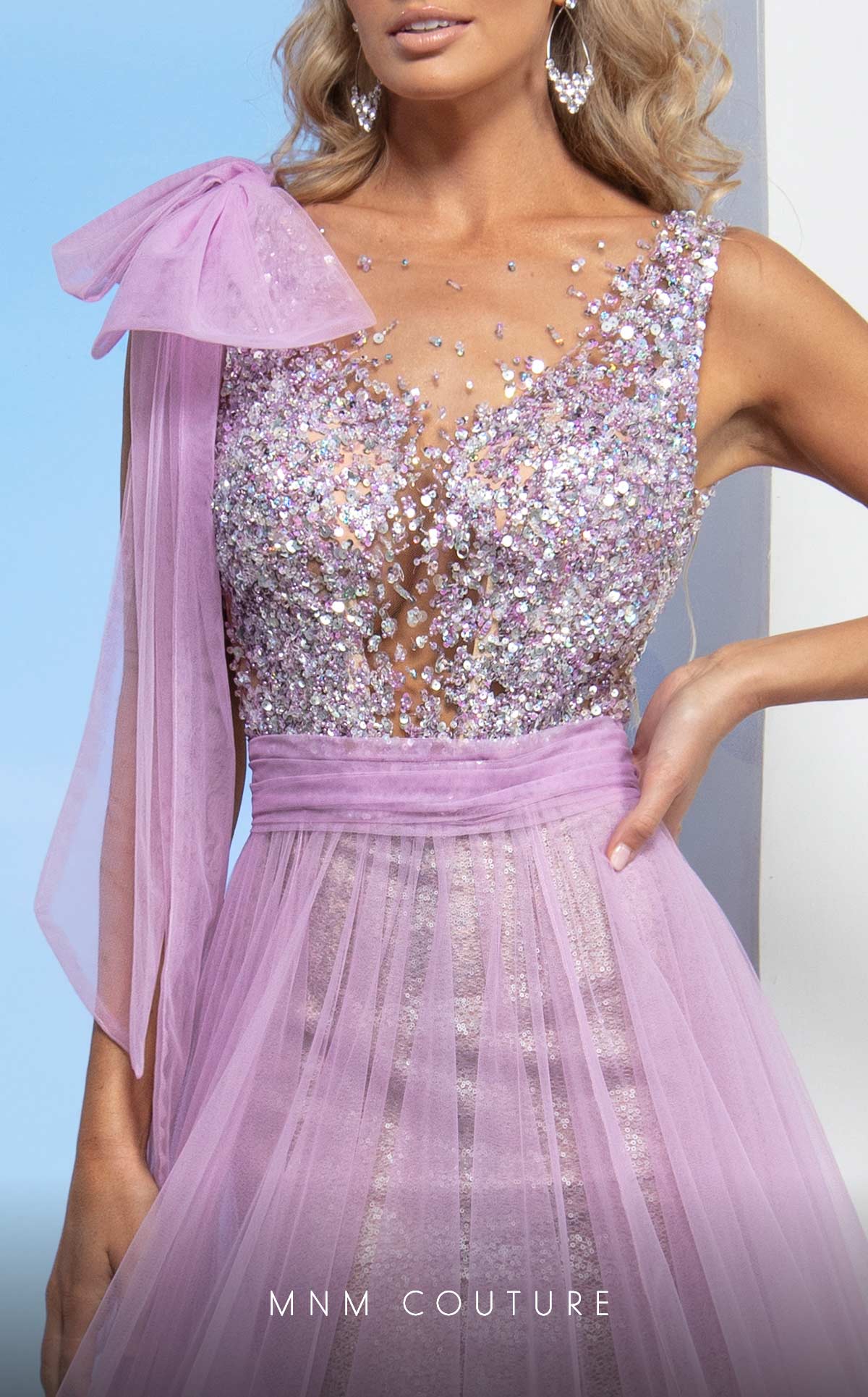 MNM Couture M0084 Lilac One-Shoulder Beaded Tulle Evening Gown