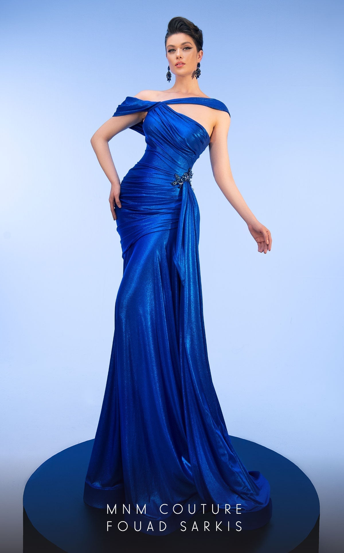 Fouad Sarkis Metallic Asymmetrical Gown: Elegance in Blue