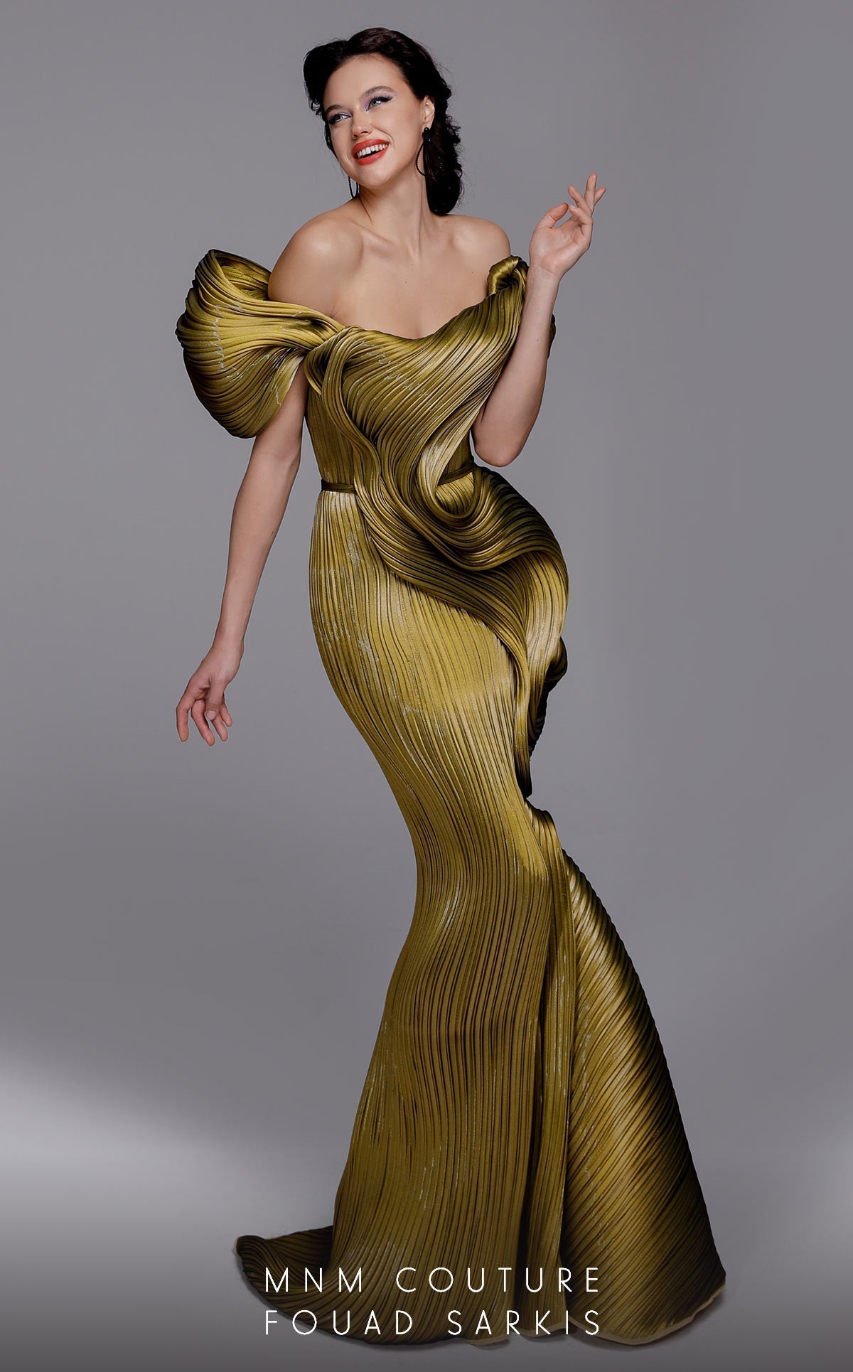 Fouad Sarkis 2730 Avant-Garde Sculpted Pleated Gown