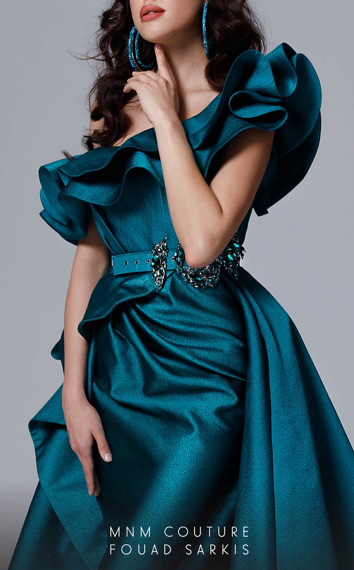 Fouad Sarkis 2727 Ruffled One-Shoulder Gown in Teal
