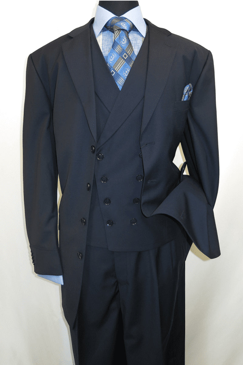 Men's Navy 4 Button Double Breasted Vest Suit